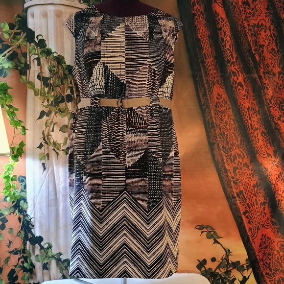 EUC: I LE New York Sze. 16W Brown & Tan Geometric Dress - Picture 1 of 5